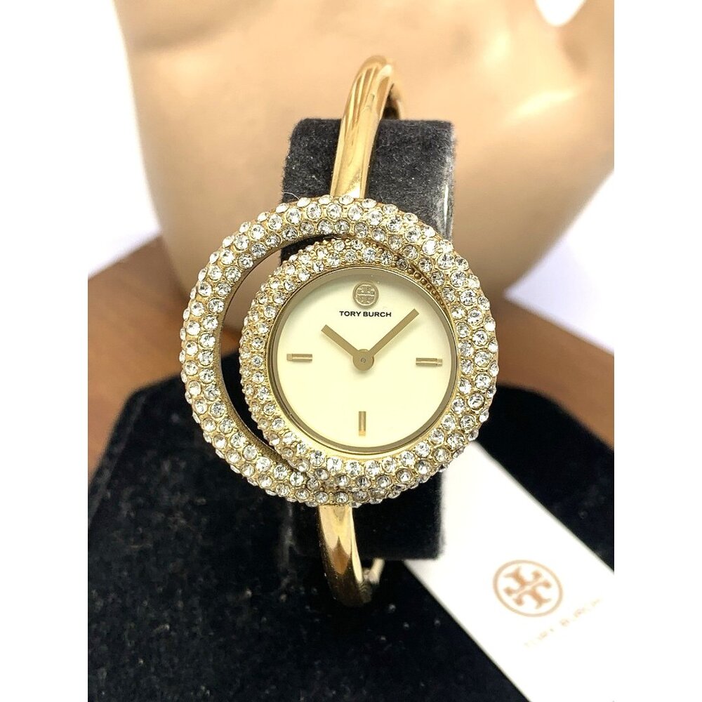 Tory Burch Women's Watch TBW7026 Cream Dial Quartz Bangle Swirl Gems Gold Steel